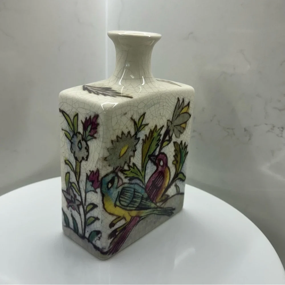 Pottery Barn Ikat Crackled Flower Vase Floral Birds Deer